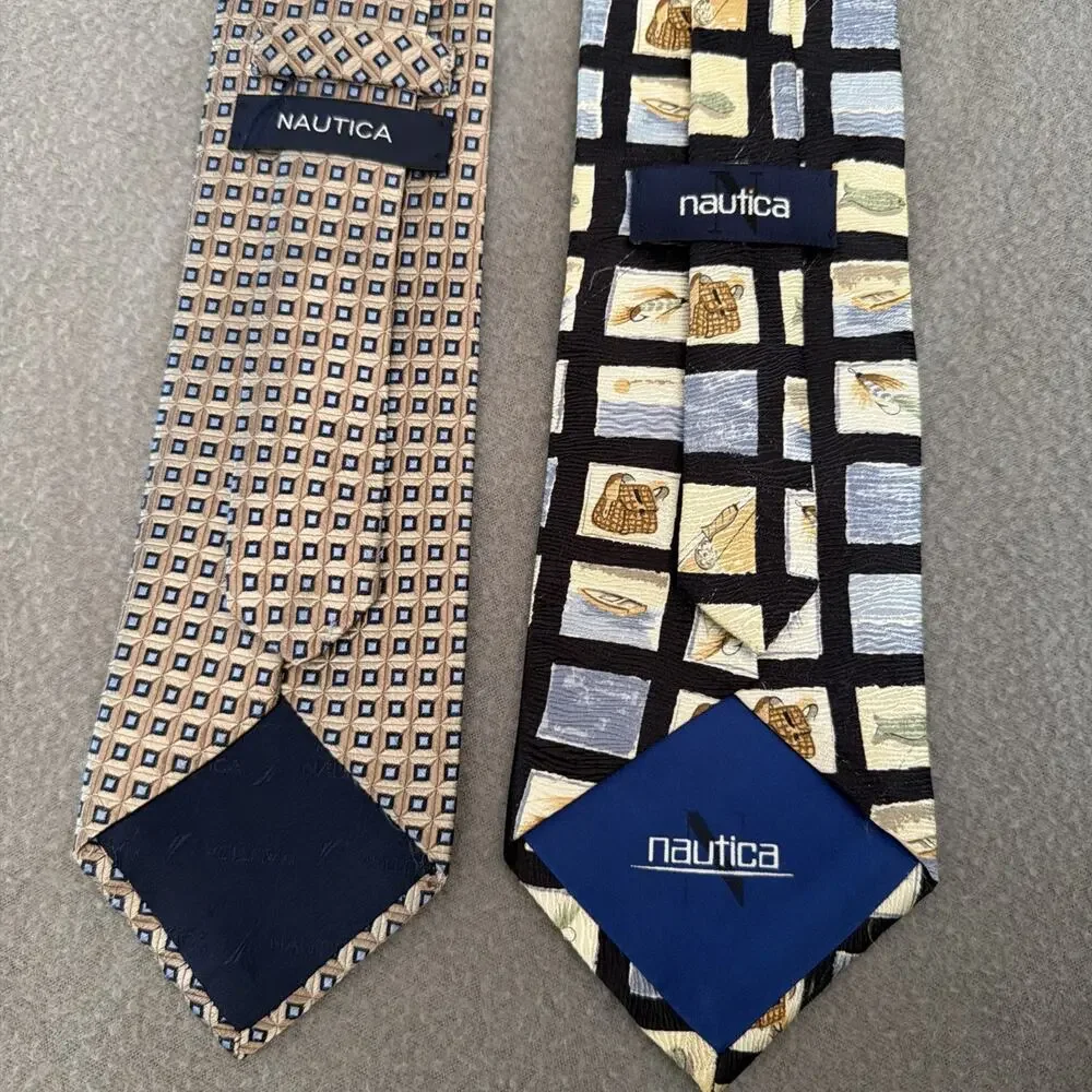 Nautica 2 Silk Neckties Ties Blue Fly Fishing Trout Squares USA Gift Lot Bundle